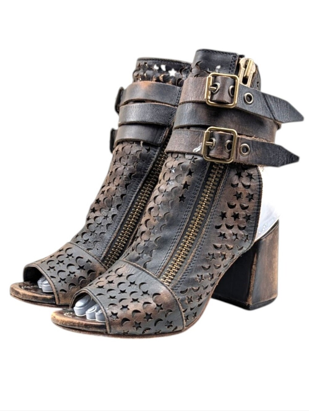 Freebird Theresa Distressed Leather Cutout Peep Toe Block Heel Booties Size 8 - Picture 8 of 12